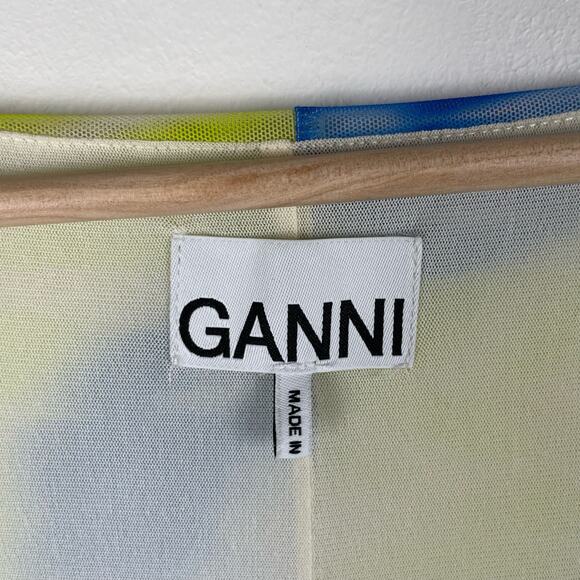 Ganni Printed Mesh Maxi Dress Strong Blue Green Floral Blue Square Neck 42 XL - Picture 5 of 16